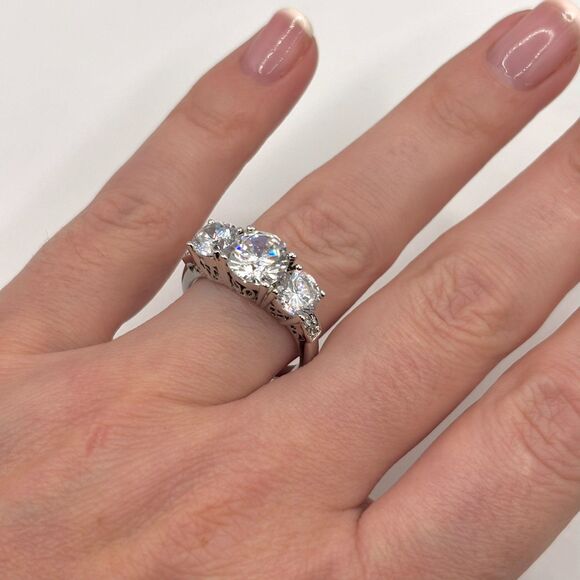 Gorgeous Three Stone CZ Sterling Silver Marked Engagement Ring | Size 8 - Picture 12 of 12
